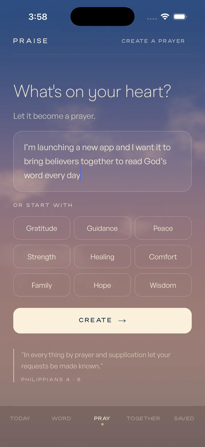 Writing a prayer in the Praise app.